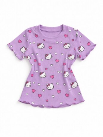 Blusa Infantil Feminina Manga Curta Canelada Lilás com Corações Fernanda Ramos Kids