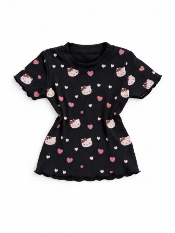 Blusa Infantil Feminina Manga Curta Canelada Preta com Corações Fernanda Ramos Kids