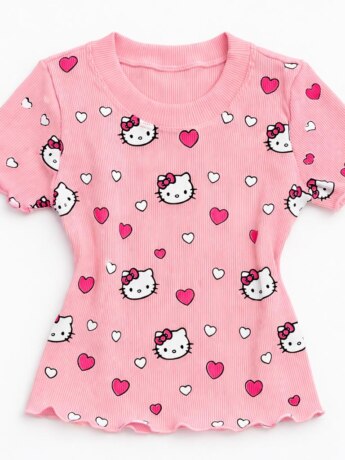 Blusa Infantil Feminina Manga Curta Canelada Rosa com Corações Fernanda Ramos Kids