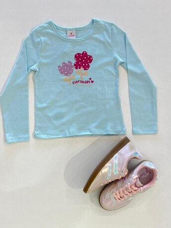 Blusa Manga Longa Infantil Feminina Flor Lindas Verde Água Fernanda Ramos Kids