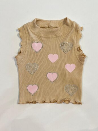 Blusa Regata Infantil Feminina Canelada de Corações Bege Fernanda Ramos Kids