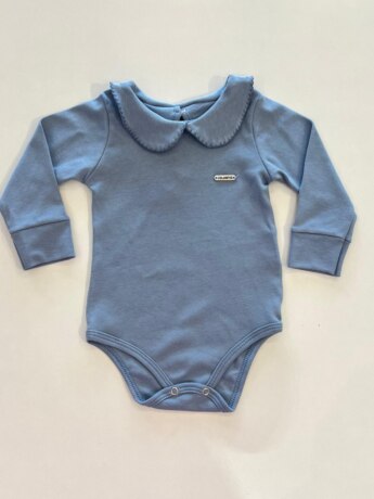 Body Infantil Feminino Manga Longa Gola Babado Azul Fernanda Ramos Kids
