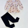 Conjunto Infantil Feminino Blusa com Estampa Bege e Legging Preta Fernanda Ramos Kids
