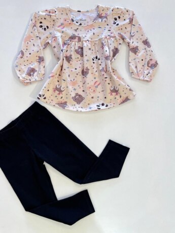 Conjunto Infantil Feminino Blusa com Estampa Bege e Legging Preta Fernanda Ramos Kids