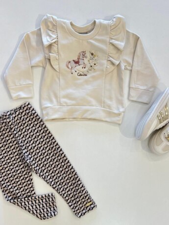 Conjunto Infantil Feminino Blusa Manga Longa Bege e Calça Geométrica Fernanda Ramos Kids