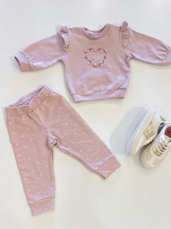 Conjunto Infantil Feminino Blusa Manga Longa Coração e Calça Poá Rose Fernanda Ramos Kids