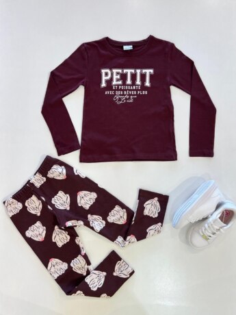 Conjunto Infantil Feminino Blusa Manga Longa e Legging Estampada Vinho Fernanda Ramos Kids