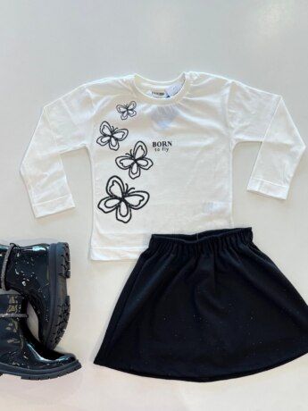 Conjunto Infantil Feminino Blusa Manga Longa e Short Saia Preto Fernanda Ramos Kids