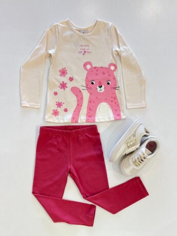 Conjunto Infantil Feminino Blusa Manga Longa Gatinha Rosa e Legging Fernanda Ramos Kids