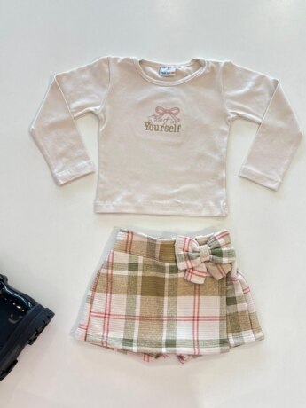 Conjunto Infantil Feminino Blusa Manga Longa Laço e Short Saia Xadrez Fernanda Ramos Kids