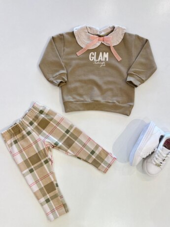 Conjunto Infantil Feminino Blusão Gola Babado e Legging Xadrez Bege Fernanda Ramos Kids