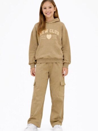 Conjunto Infantil Feminino Blusão Moletom e Calça com bolso Bege Fernanda Ramos Kids