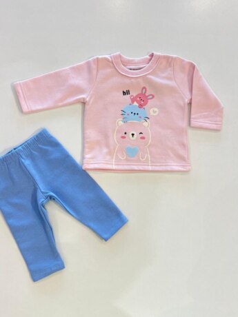 Conjunto Infantil Feminino Blusão Olá Rosa e Calça Legging Azul Fernanda Ramos Kids