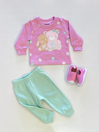 Conjunto Infantil Feminino Blusão Ursinhos Lilás e Calça Jogger Verde Fernanda Ramos Kids