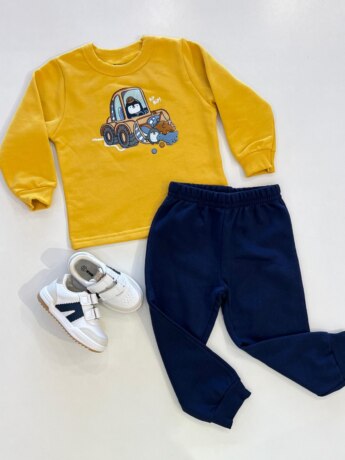 Conjunto Infantil Masculino Blusão Amarelo e Calça Jogger Azul Marinho Fernanda Ramos Kids