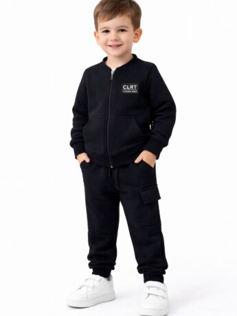 Conjunto Infantil Masculino Blusão com Ziper e Calça com Bolso Preta Fernanda Ramos Kids