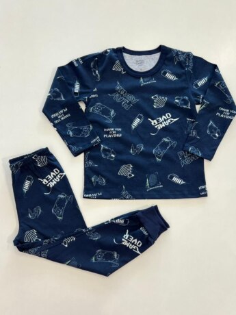 Pijama Infantil Masculino Blusa Manga Longa Play e Calça Azul Marinho Fernanda Ramos Kids