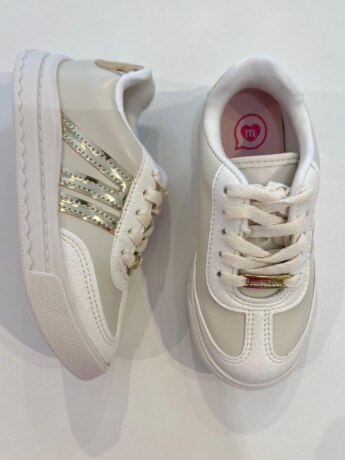 Tênis Infantil Feminino Off White com detalhes glitter Dourado Fernanda Ramos Kids