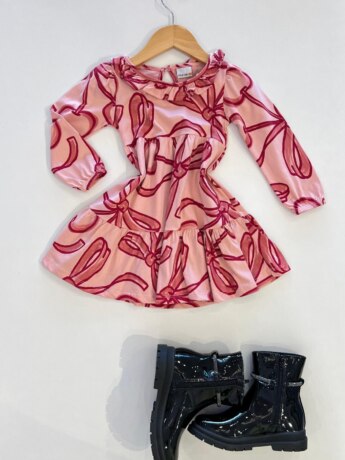 Vestido Infantil Feminino Manga Longa Estampa de Laços Rose Fernanda Ramos Kids