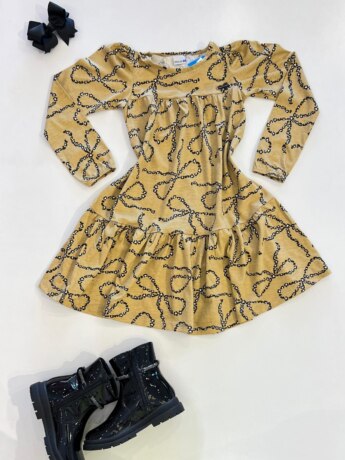 Vestido Infantil Feminino Manga Longa Estampa Laços Bege Fernanda Ramos Kids