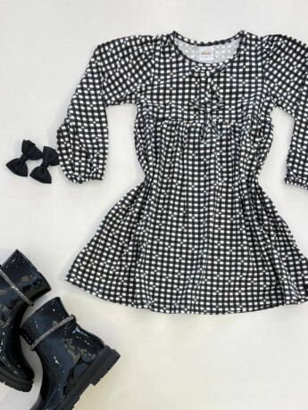 Vestido Infantil Feminino Manga Longa Estampa Xadrez Preto Fernanda Ramos Kids