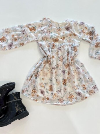 Vestido Infantil Feminino Manga Longa Estampado Floral Off Whitte Fernanda Ramos Kids