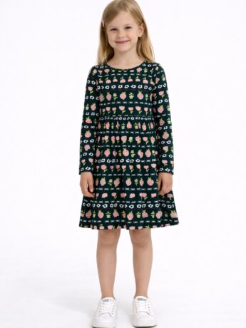 Vestido Infantil Feminino Manga Longa Estampado Flores Verde Petróleo Fernanda Ramos Kids