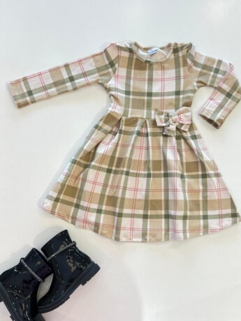 Vestido Infantil Feminino Manga Longa Flanelado Xadrez Bege Fernanda Ramos Kids
