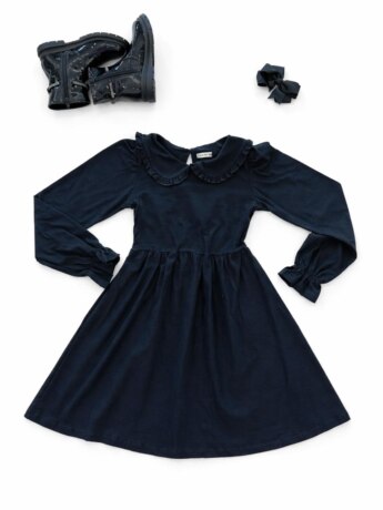 Vestido Infantil Feminino Manga Longa Gola em Babado Preto Fernanda Ramos Kids