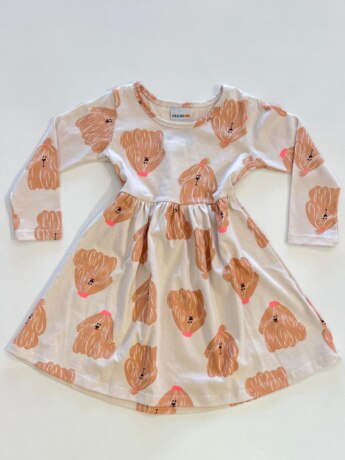 Vestido Infantil Feminino Manga Longa Rodado de Cachorros Bege Fernanda Ramos Kids