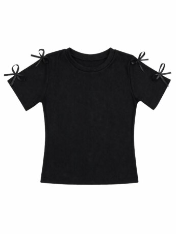 Blusa Infantil Feminina Manga Curta Canelada Preta Laços Fernanda Ramos Kids