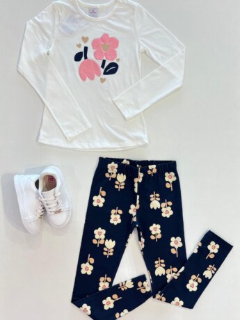 Conjunto Infantil Feminino Blusa Manga Longa e Legging Flores Azul Fernanda Ramos Kids
