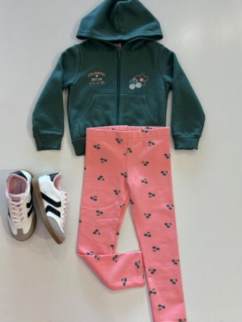 Conjunto Infantil Feminino Moletom Jaqueta Verde e Calça Rosa Cereja Fernanda Ramos Kids