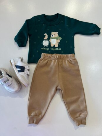 Conjunto Infantil Masculino Blusão Animais Verde e Calça Jogger Bege Fernanda Ramos Kids