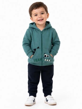 Conjunto Infantil Masculino Jaqueta Dino Verde e Calça Jogger Preta Fernanda Ramos Kids