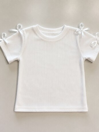 Blusa Infantil Feminina Manga Curta Canelada Laços Branca Fernanda Ramos Kids