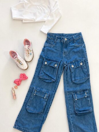 Calça Feminina Infantil Jeans Cargo 4 Bolsos Fernanda Ramos Kids
