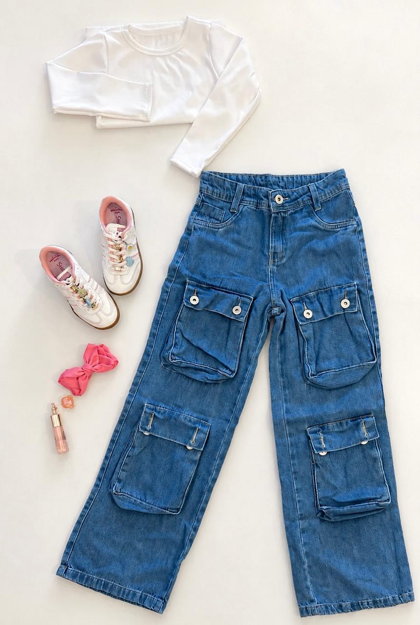 Calça Feminina Infantil Jeans Cargo 4 Bolsos Fernanda Ramos Kids