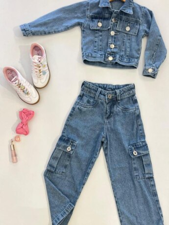 Calça Feminina Jeans Infantil Cargo Marmorizada Fernanda Ramos Kids