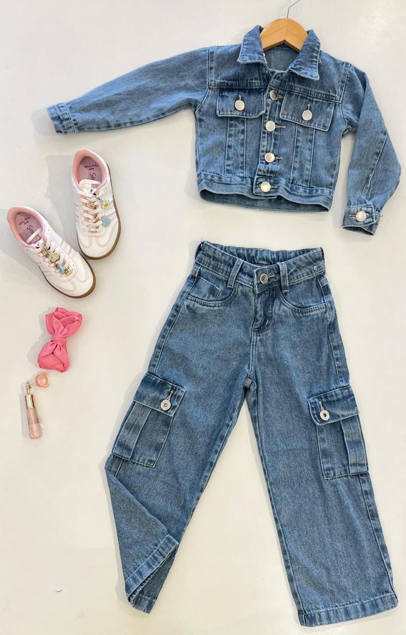 Calça Feminina Jeans Infantil Cargo Marmorizada Fernanda Ramos Kids