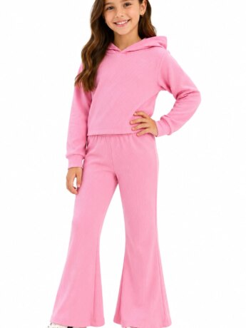 Conjunto Infantil Feminino Blusa Manga Longa e Calça Canelado Rosa Fernanda Ramos Kids