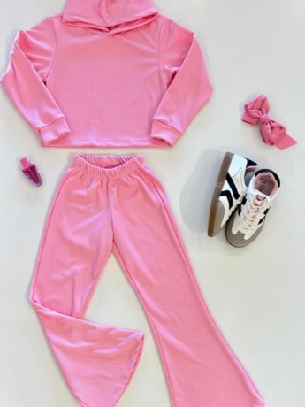 Conjunto Infantil Feminino Blusa Manga Longa e Calça Canelado Rosa Fernanda Ramos Kids