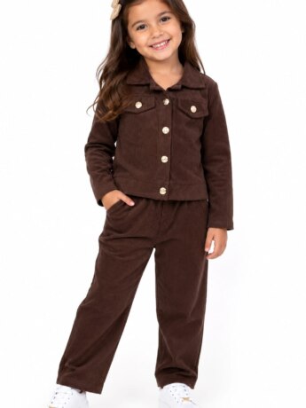 Conjunto Infantil Feminino Jaqueta Cotelê e Calça Marrom Fernanda Ramos Kids
