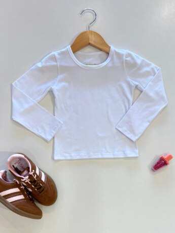 Blusa Manga Longa Infantil Feminina Básica Branca Gola Redonda Fernanda Ramos Kids