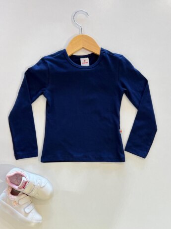 Blusa Manga Longa Infantil Feminina Básica Gola Redonda Azul Fernanda Ramos Kids