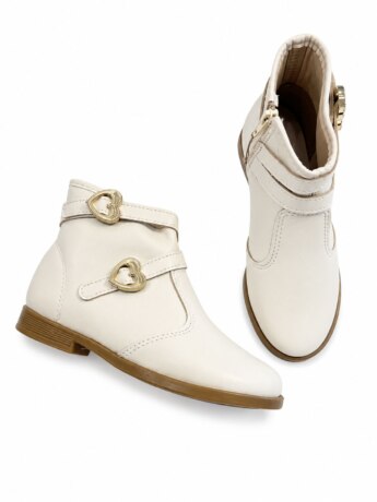 Bota Infantil Feminina Cano Curto com Detalhes de Corações Off White Fernanda Ramos Kids