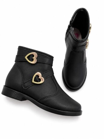 Bota Infantil Feminina Preta com Detalhes de Corações Dourado Fernanda Ramos Kids