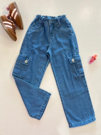 Calça Feminina Jeans Infantil Cargo com 2 Bolsos Clara Fernanda Ramos Kids