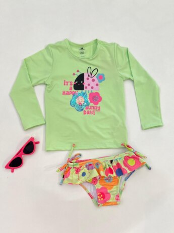 Biquíni Infantil Feminino Blusa Joaninha e Calcinha Verde Limão Fernanda Ramos Kids