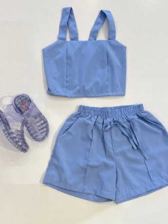 Conjunto Infantil Feminino Cropped com Lastex e Short Azul Bebê Fernanda Ramos Kids